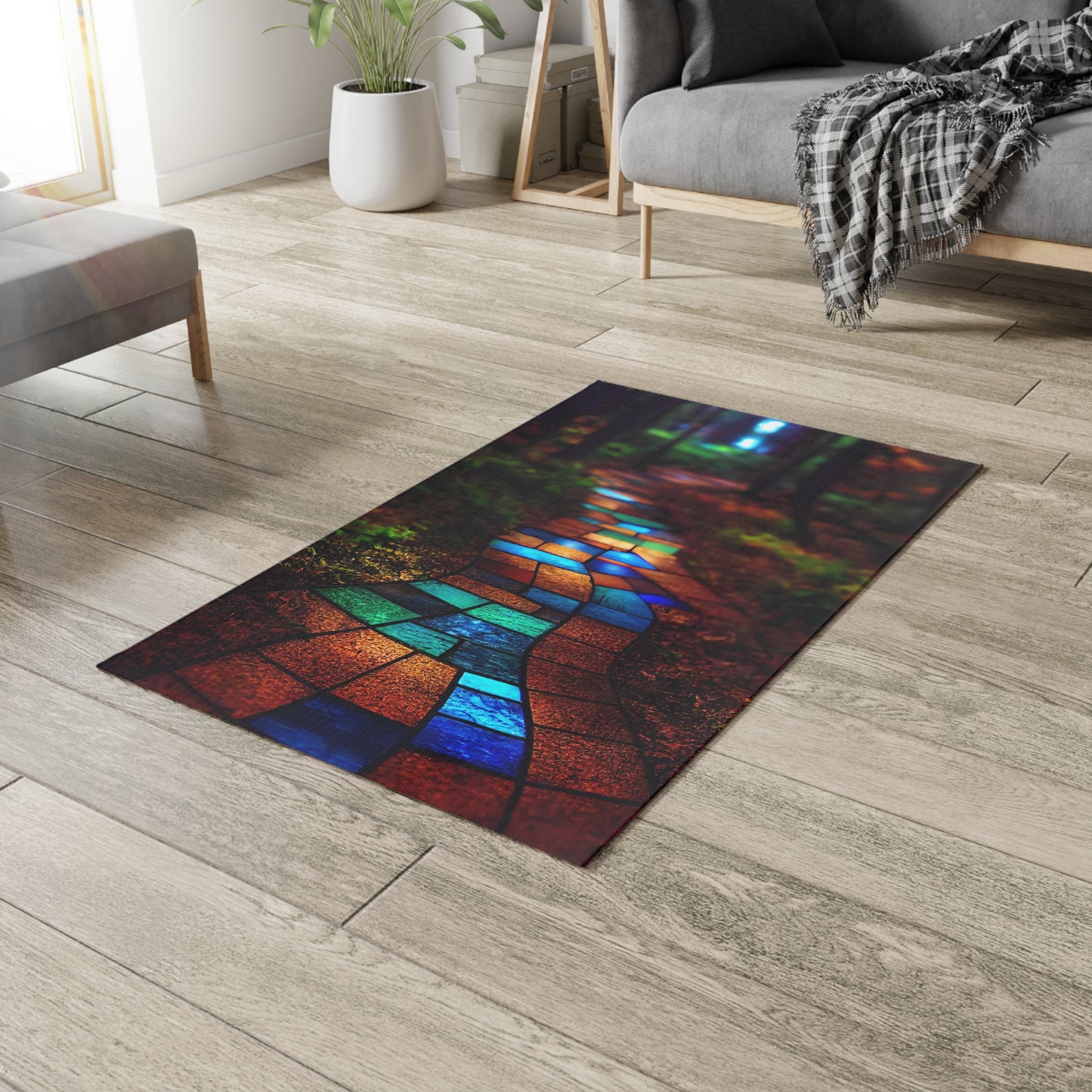 a path paved with stained glass winding through the forest. The path is made of beautiful brightly colored blue green red bronze luminous glass, high quality photograph - Dobby Rug