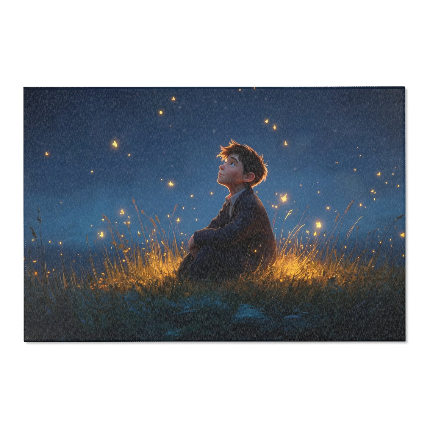 Boy Among Fireflies Area Rug – Twilight Meadow Whispers