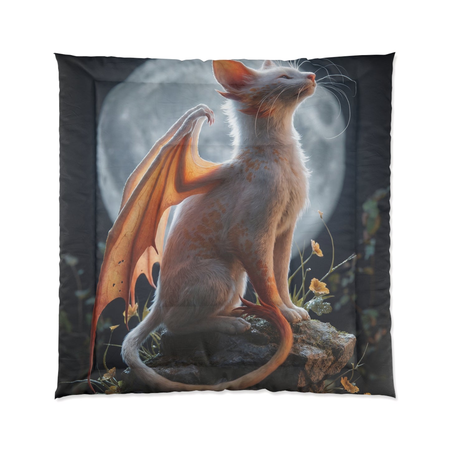 Moonlit Dragon Cat Comforter – Whispering Wings Under the Full Moon