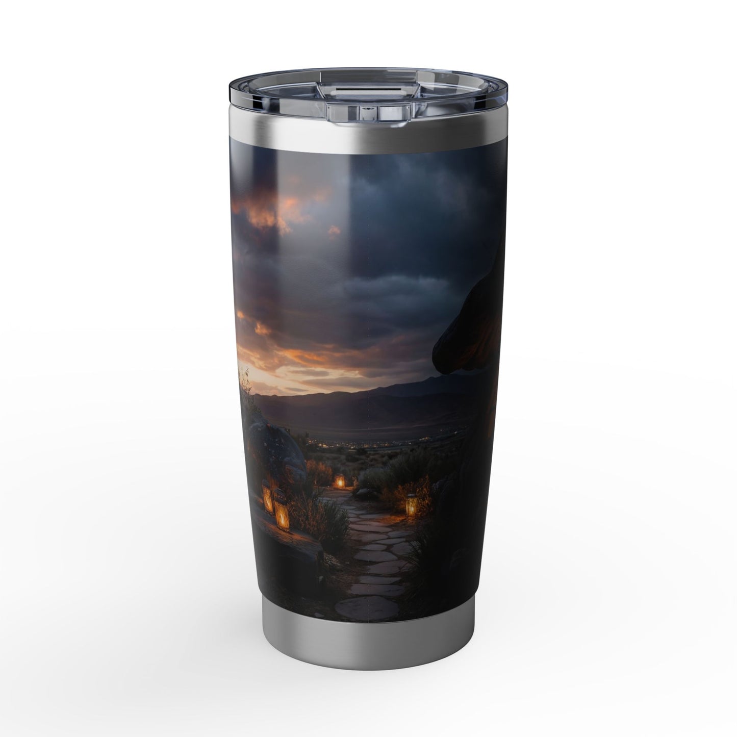 Twilight Mushroom Cottage Tumbler – Warm Light in a Wild Landscape
