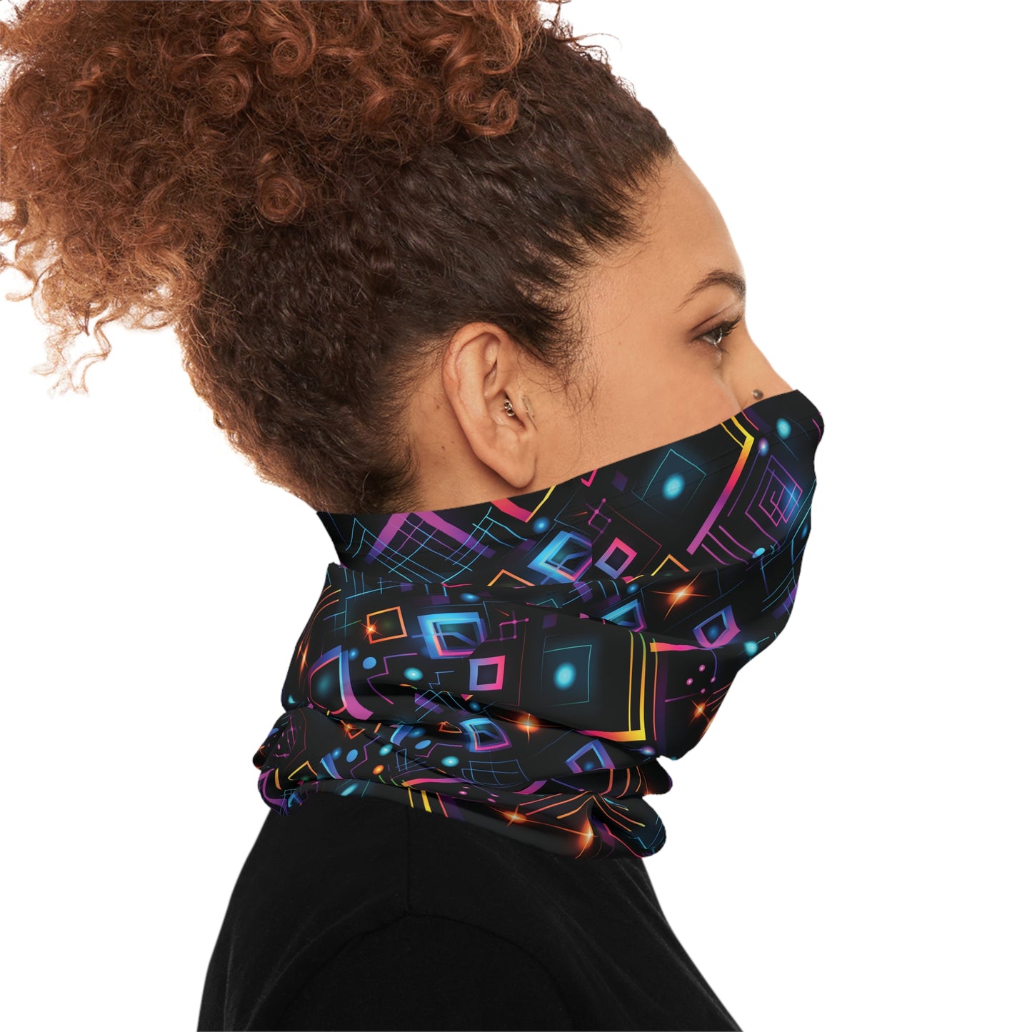 "A tiling pattern of abstract geometric shapes in neon colors with laser beam accents on a black background" - Lightweight Neck Gaiter