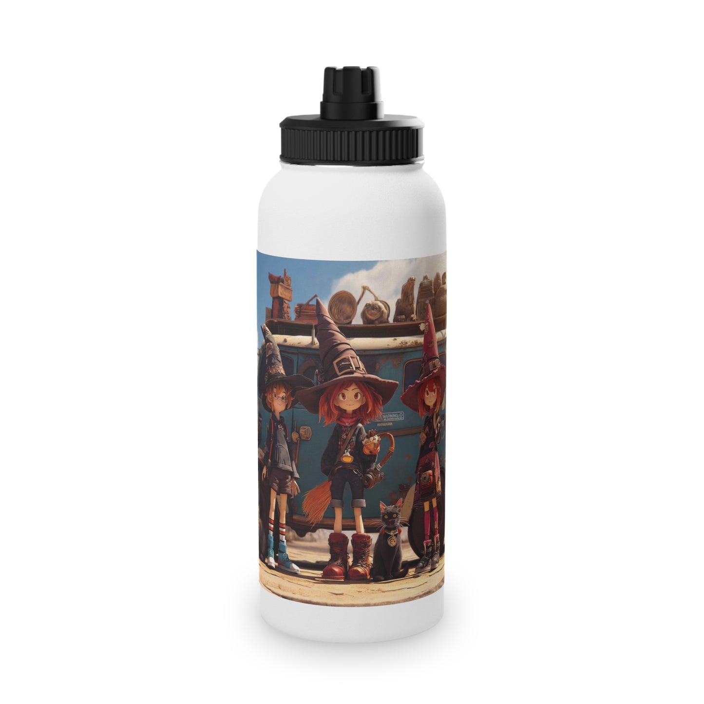 Witch Trio Roadtrip Stainless Steel Water Bottle, Sports Lid – Dusty Desert Spellbound