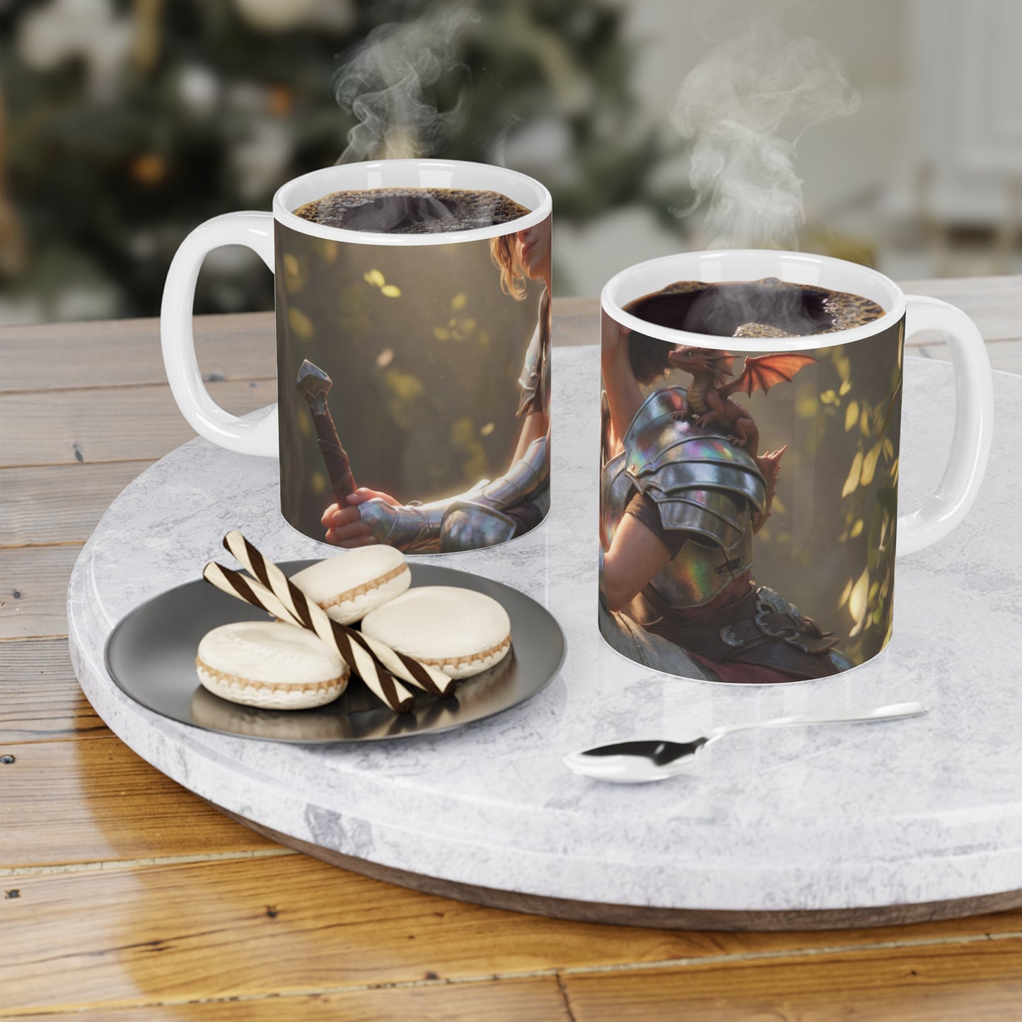 Elf Sentinel Ceramic Mugs (11oz\15oz\20oz) – Sunlit Grove with Tiny Dragon Companion