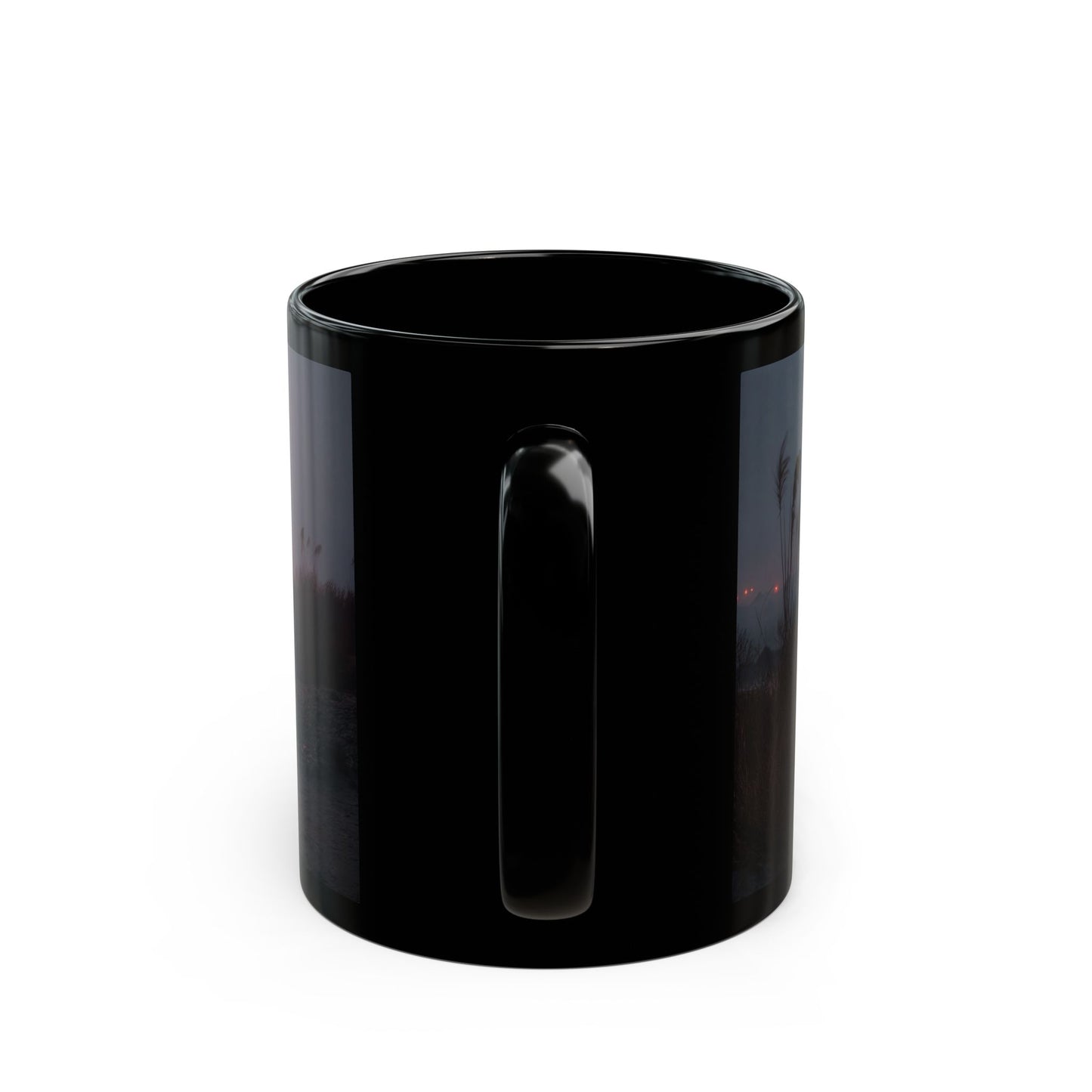 Crimson Carnival Tent Black Mug – Foggy Shoreside Spectacle