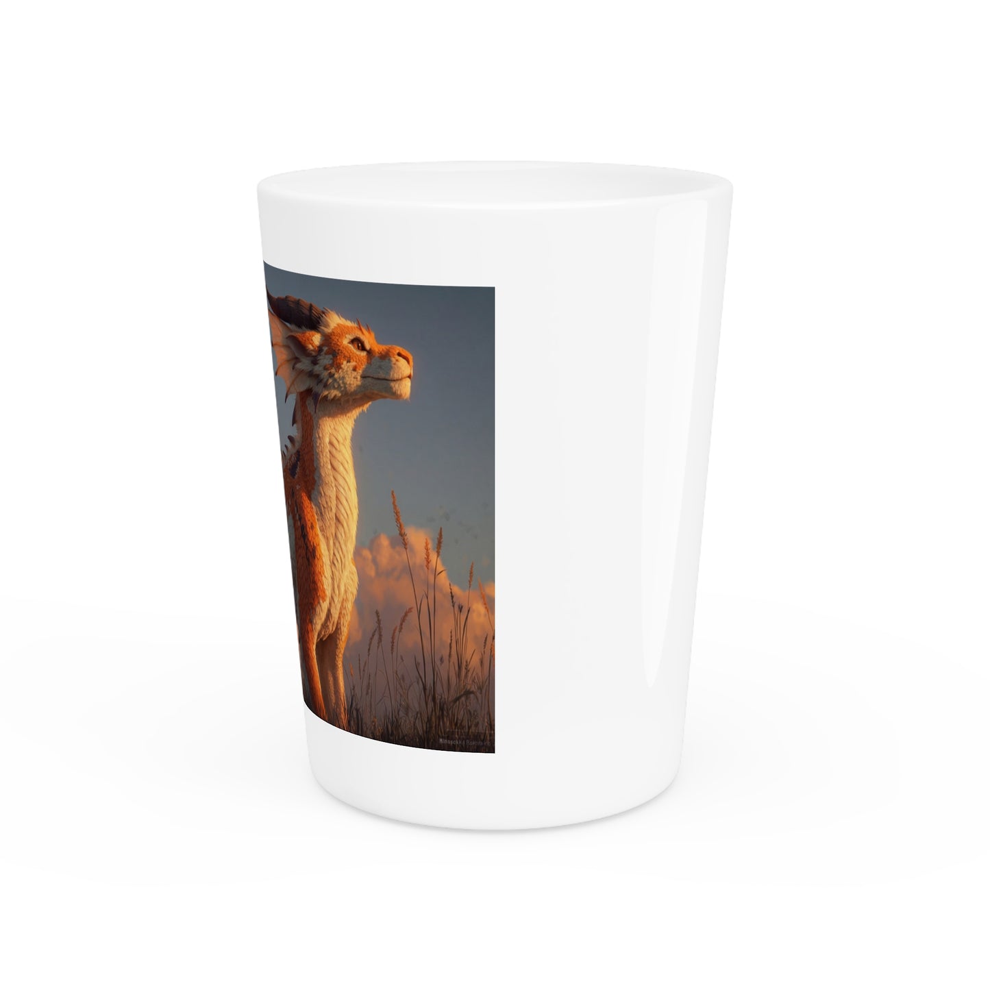 Sunset Sentinel Shot Glass – Amber Dragon in Golden Grasslands