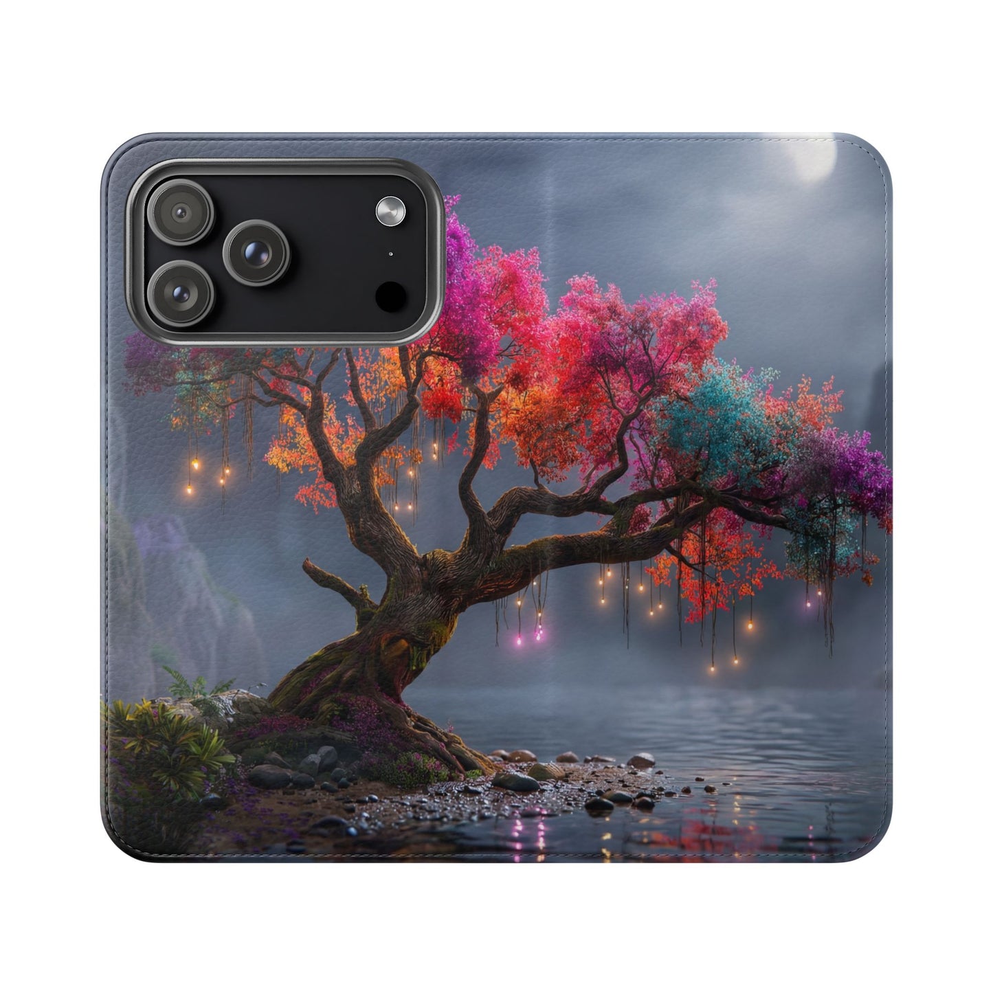 Chromatic Canopy Flip Cases – Rainbow Tree Moonlit Waterfall Scene