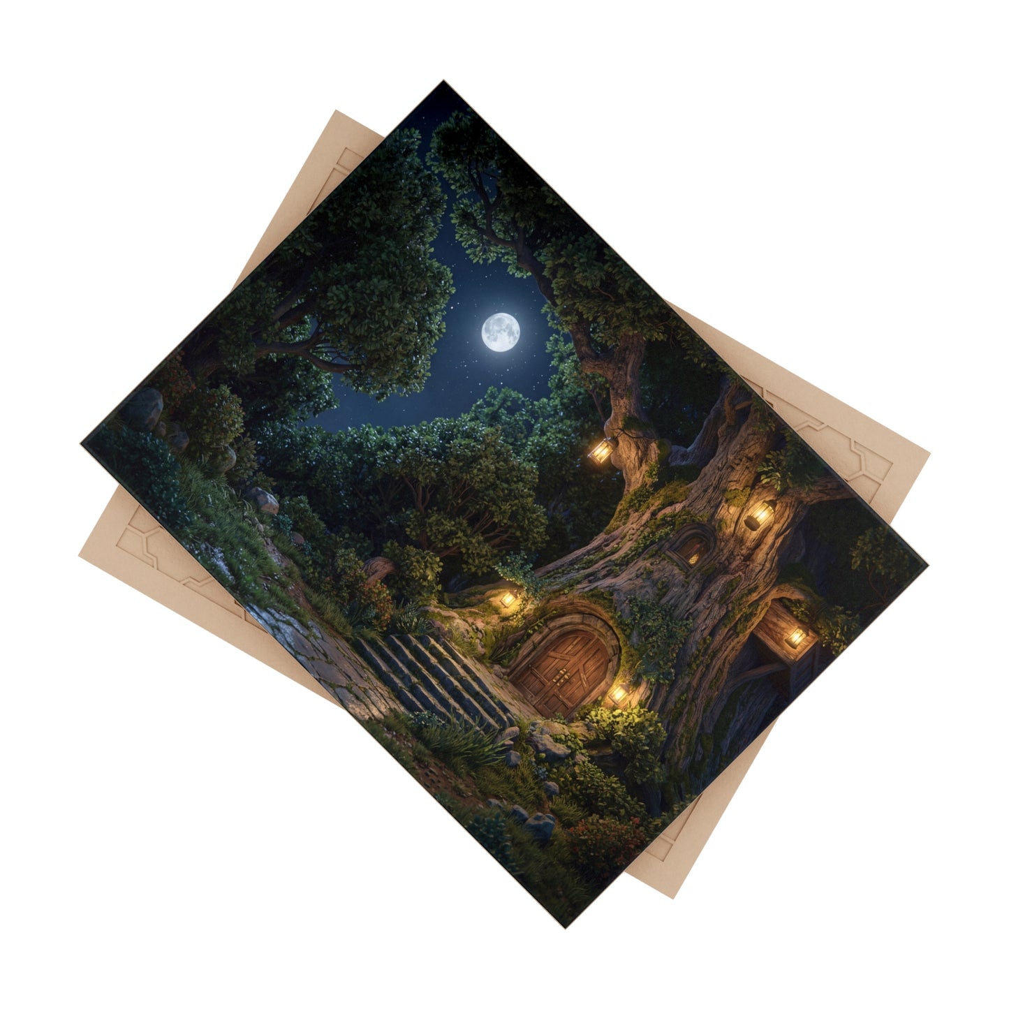 Moonlit Treehouse Haven Ceramic Photo Tile – Secret Garden Doorway Under Stars