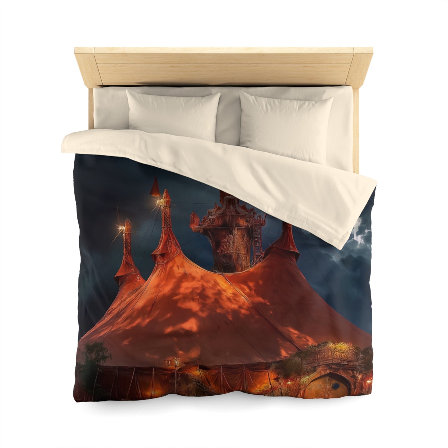 Crimson Carnival Tent Duvet Cover – City Lights Under Stormy Skies