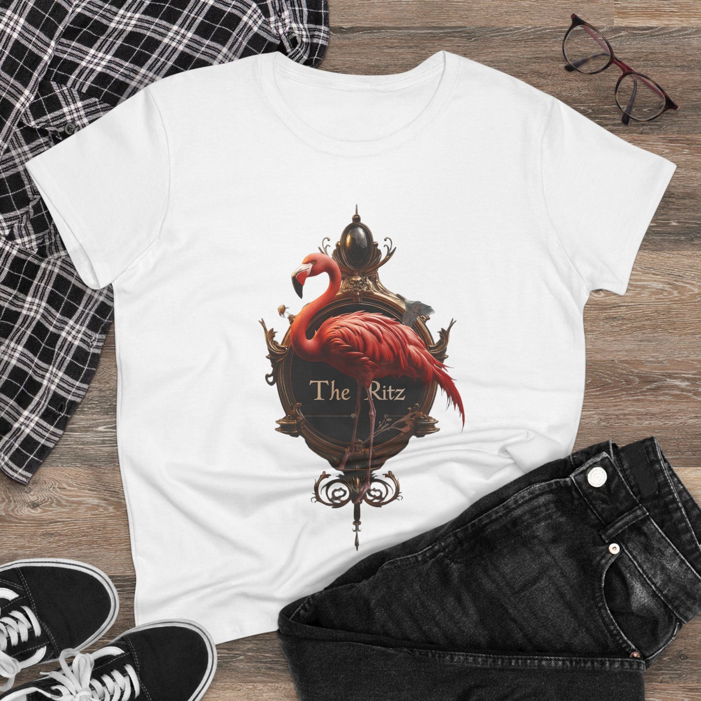 Scarlet Flamingo Ornate Clock Tee – The Ritz Midnight Sentinel Women's Midweight Cotton Tee