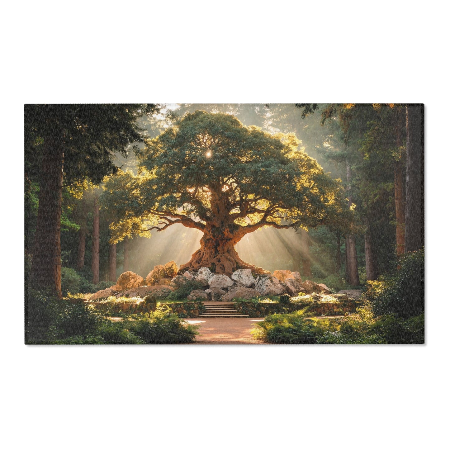 Ancient Wisdom Tree Area Rug – Sunbeam Sanctuary Through Mossy Roots