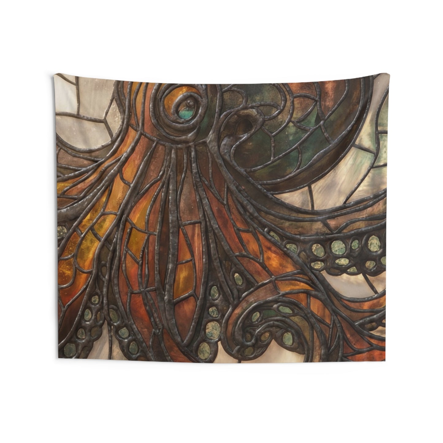 Stained Glass Octopus Wall Tapestry – Amber Tide Guardian