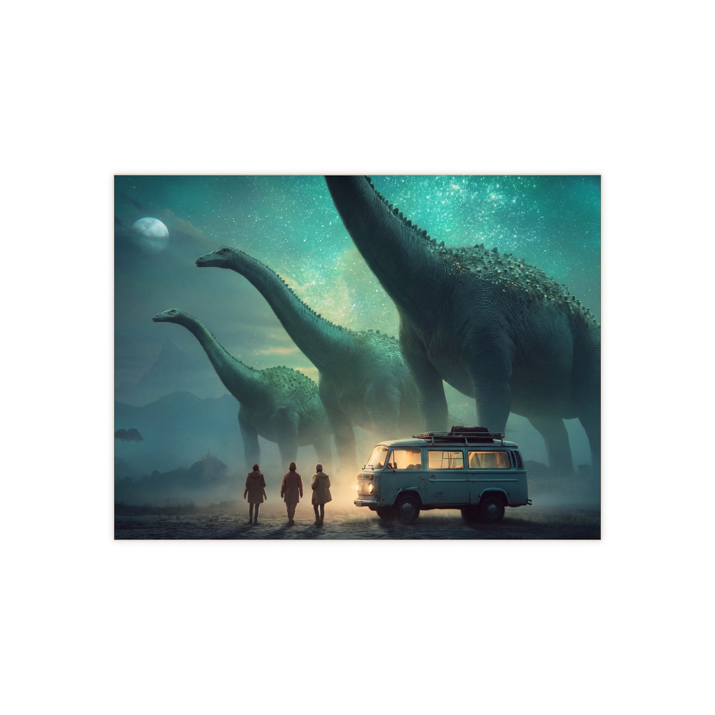 Dinosaur Encounter Ceramic Photo Tile – Midnight Campsite Under Starry Skies