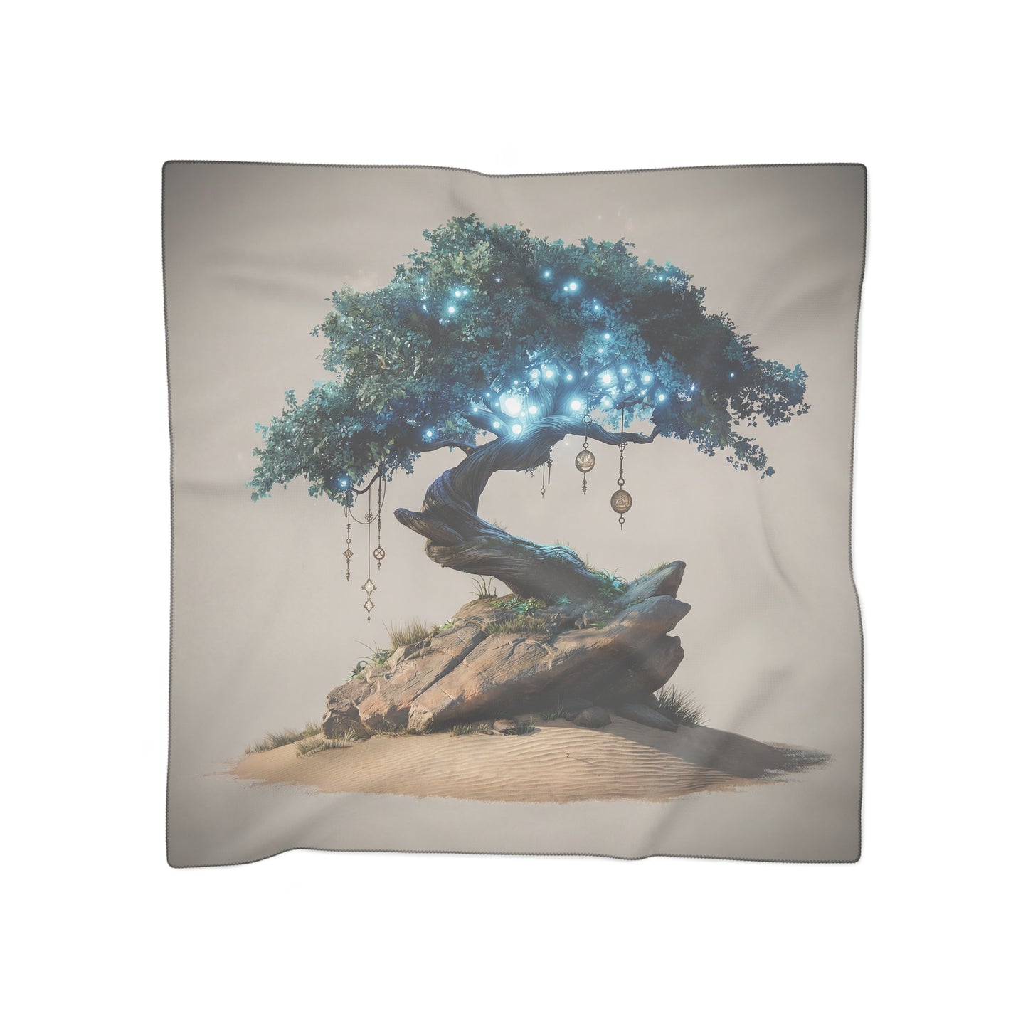 Whispering Wisdom Tree Poly Scarf – Azure Luminescence in Desert Bloom