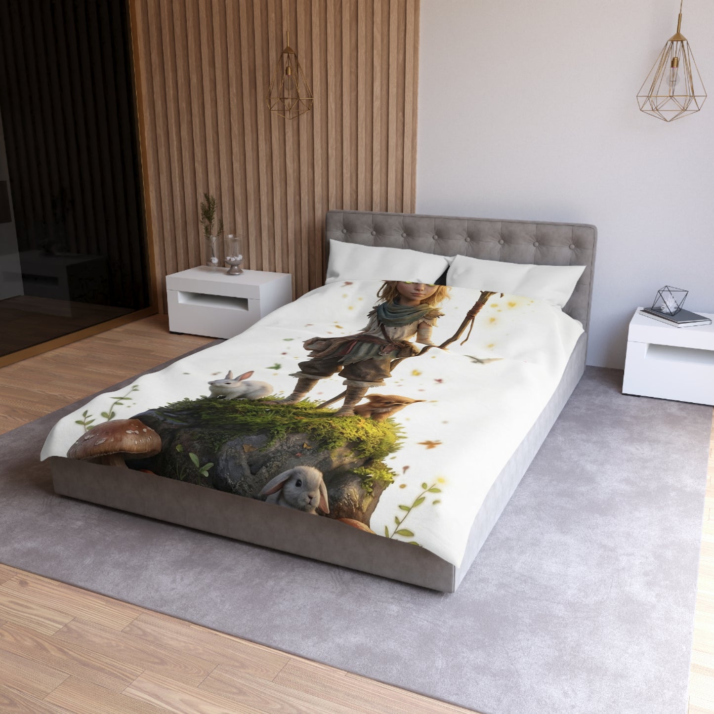 Forest Guardian Child Microfiber Duvet Cover – Mossy Rock Haven with Whispering Animals