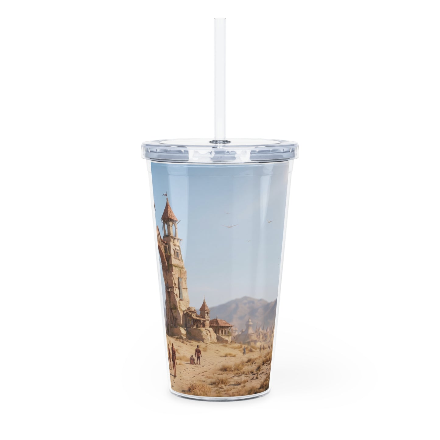 Desert Citadel Plastic Tumbler with Straw – Sunlit Ruins and Wanderers