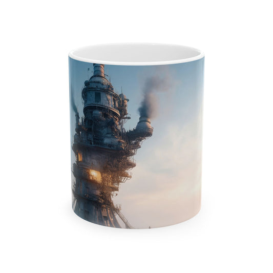 Skyward Steam Tower Ceramic Mug – Dawn’s Industrial Reverie