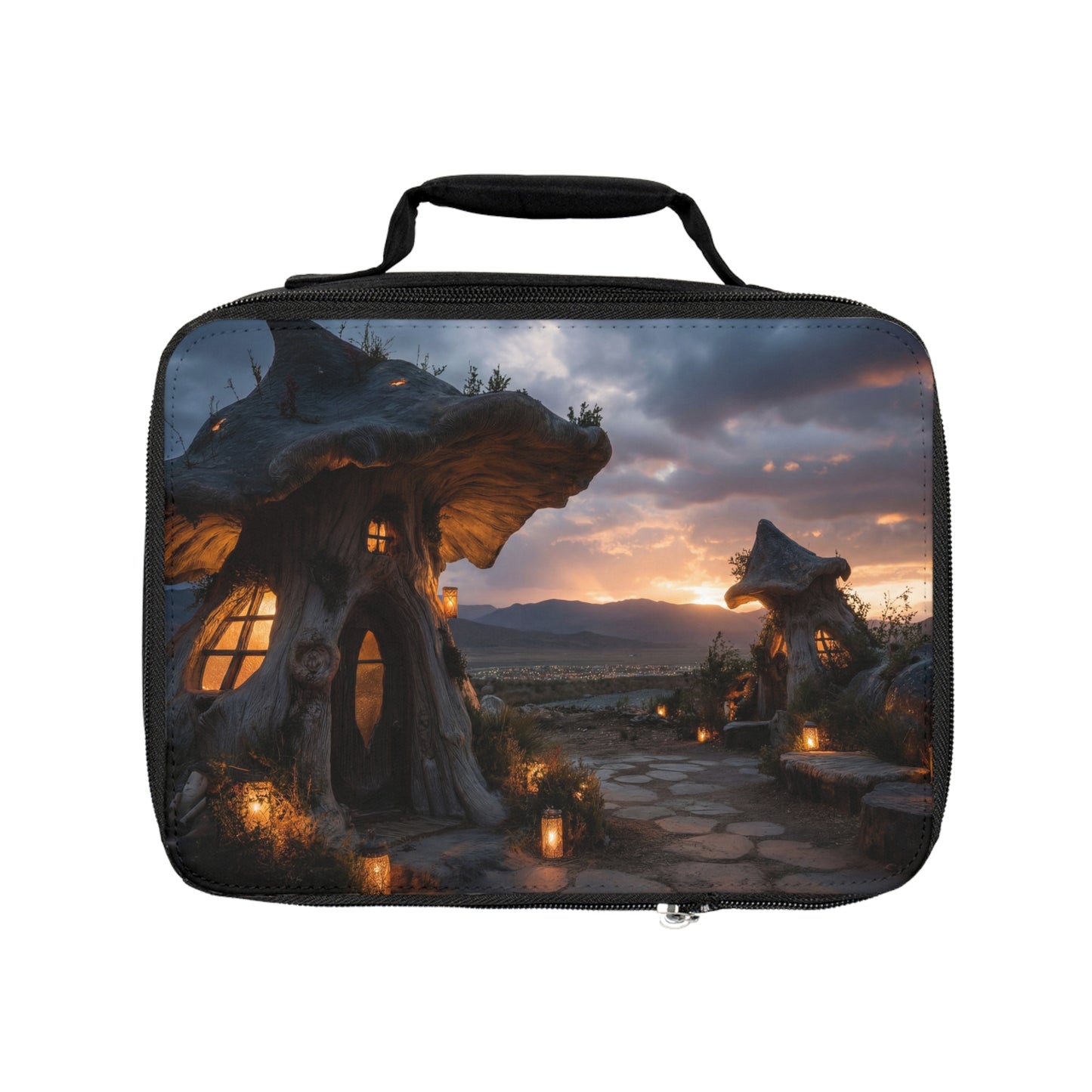 Twilight Mushroom Cottage Lunch Bag – Warm Glow Over Mountain Vista
