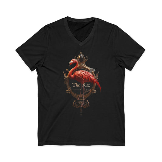 The Ritz Flamingo Sign V-Neck Tee – Gilded Ornament Graphic Print