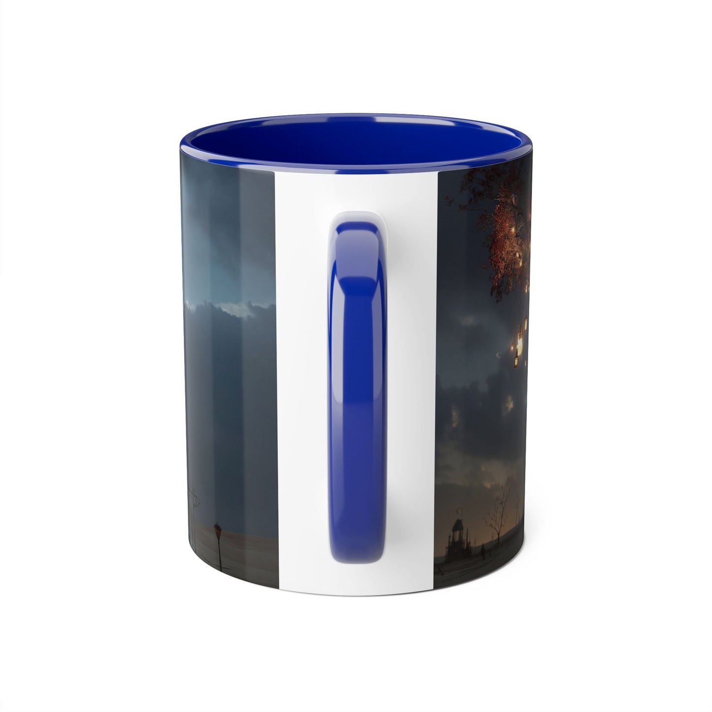 Lantern-Heavy Tree Accent Mugs, 11oz – Amber Glow Over Blue-Glowing Roots