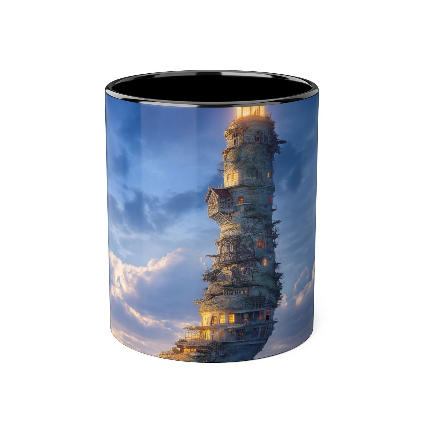 Towering Lighthouse Accent Mugs, 11oz – Floating Beacon Over Twilight Sea