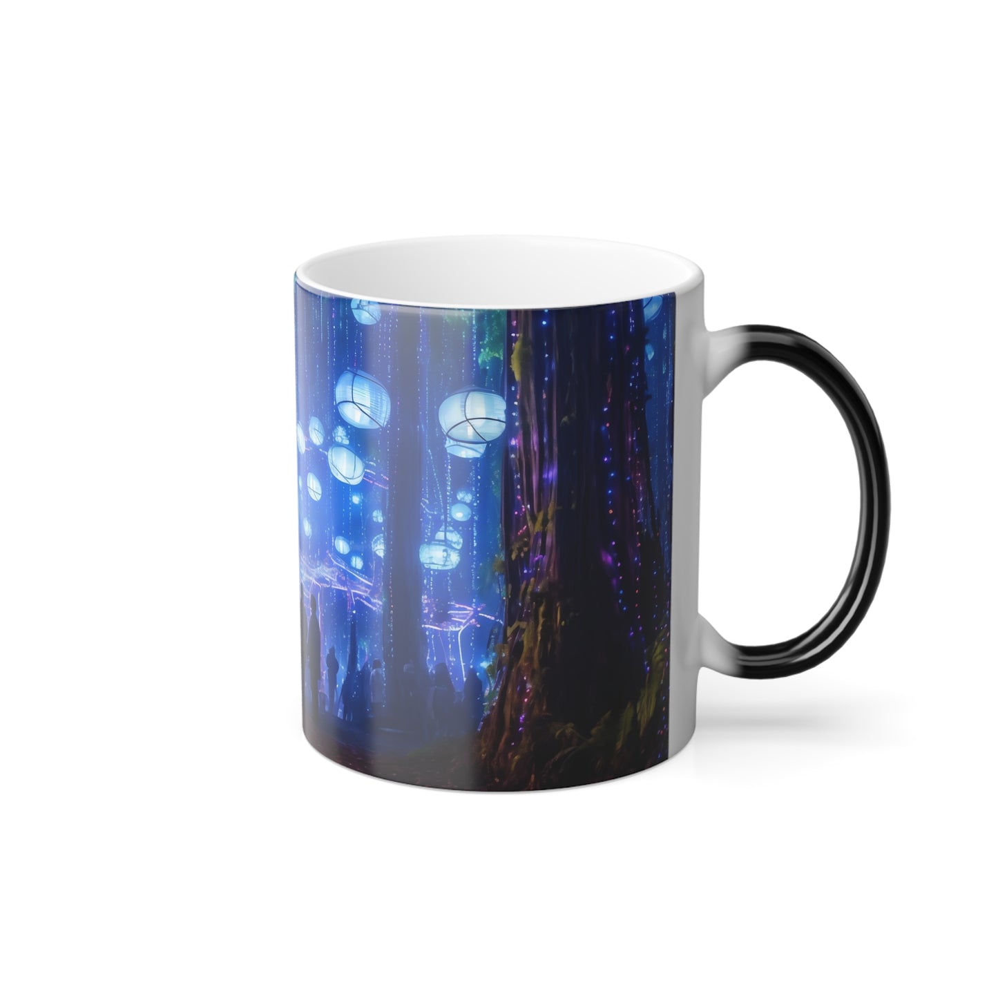 "A cyberpunk vision of the Oregon Country Fair, where neon lights illuminate the path, holographic performers entertain the crowd, and the merry blend of tradition and technology creates an enthralling spectacle." - Color Morphing Mug, 11oz