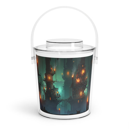 Floating City of Ember Ice Bucket with Tongs – Warm Lights in Misty Twilight