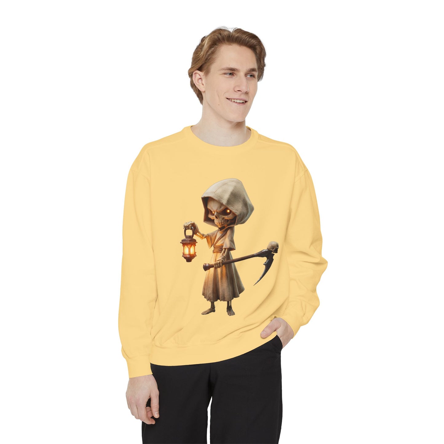 Hooded Lantern Grim Reaper Sweatshirt – Glowing Eyes and Scythe Guardian