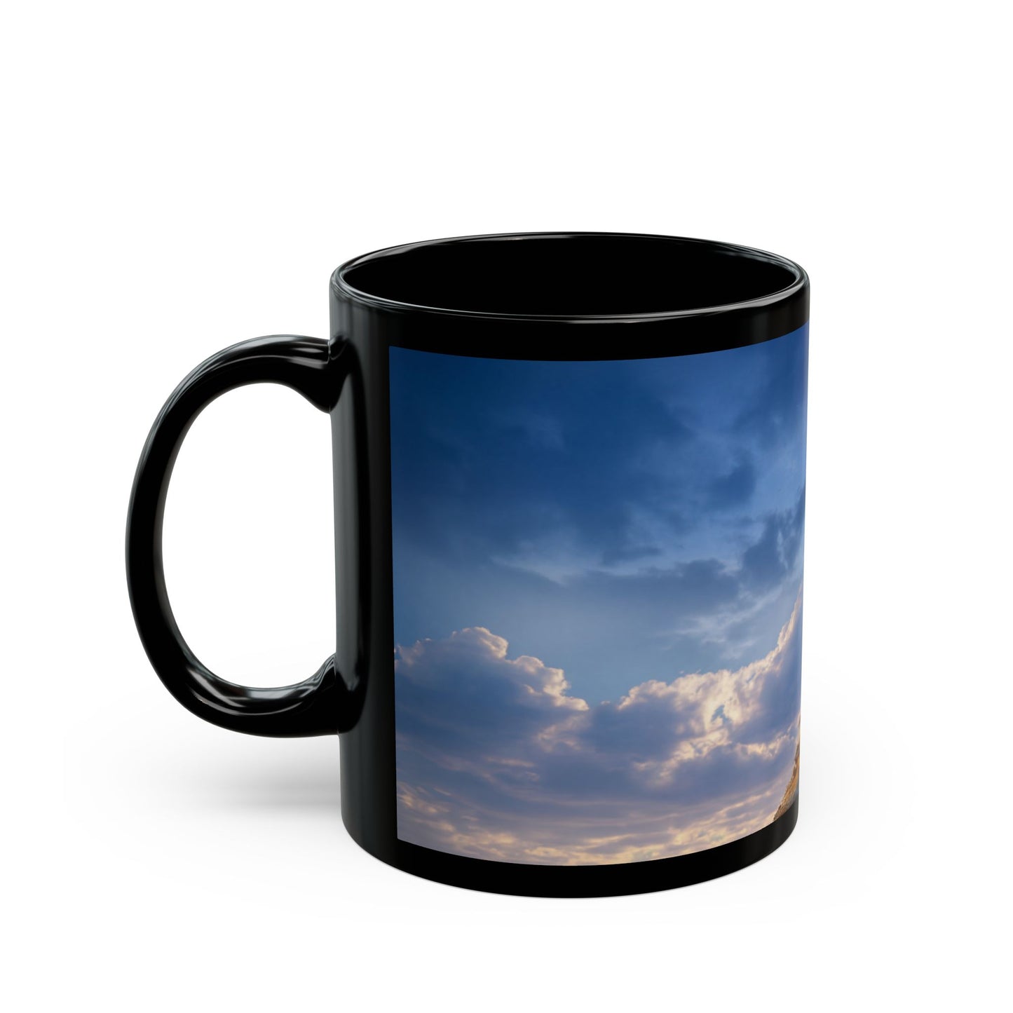 Skyborne Lighthouse Black Mug – Twilight Beacon Over Endless Sea