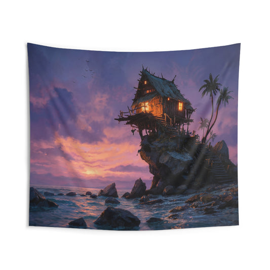 Seabound Cottage Wall Tapestry – Twilight Haven on the Edge of the World