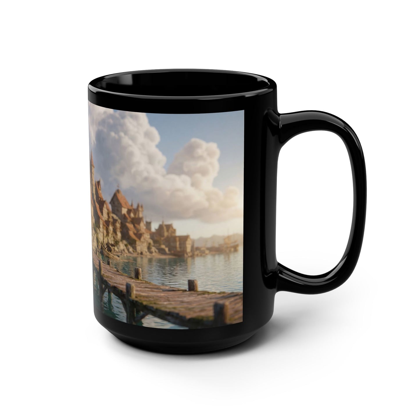 Ancient Coast Village Black Mug, 15oz – Weathered Timber and Amber Light