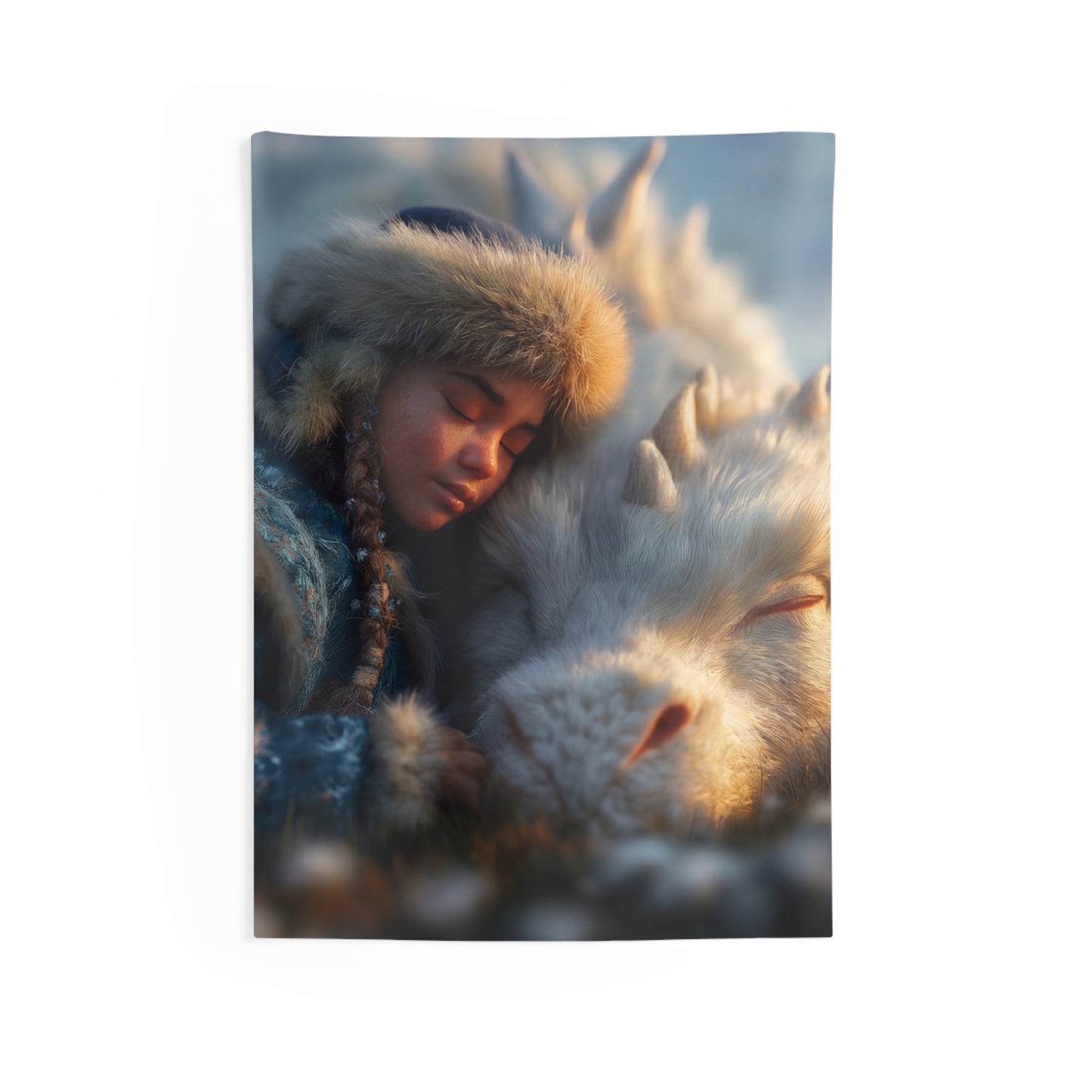 Winter’s Whisper Indoor Wall Tapestries – Child and Dragon in Frost Bloom