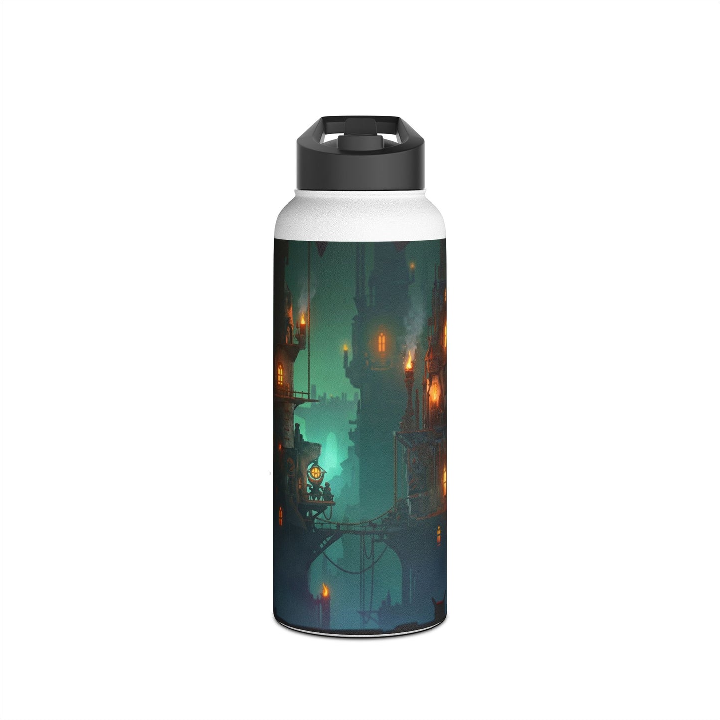 Floating City of Gilded Sparks Stainless Steel Water Bottle, Standard Lid – Neon Fog & Ember-Lit Towers