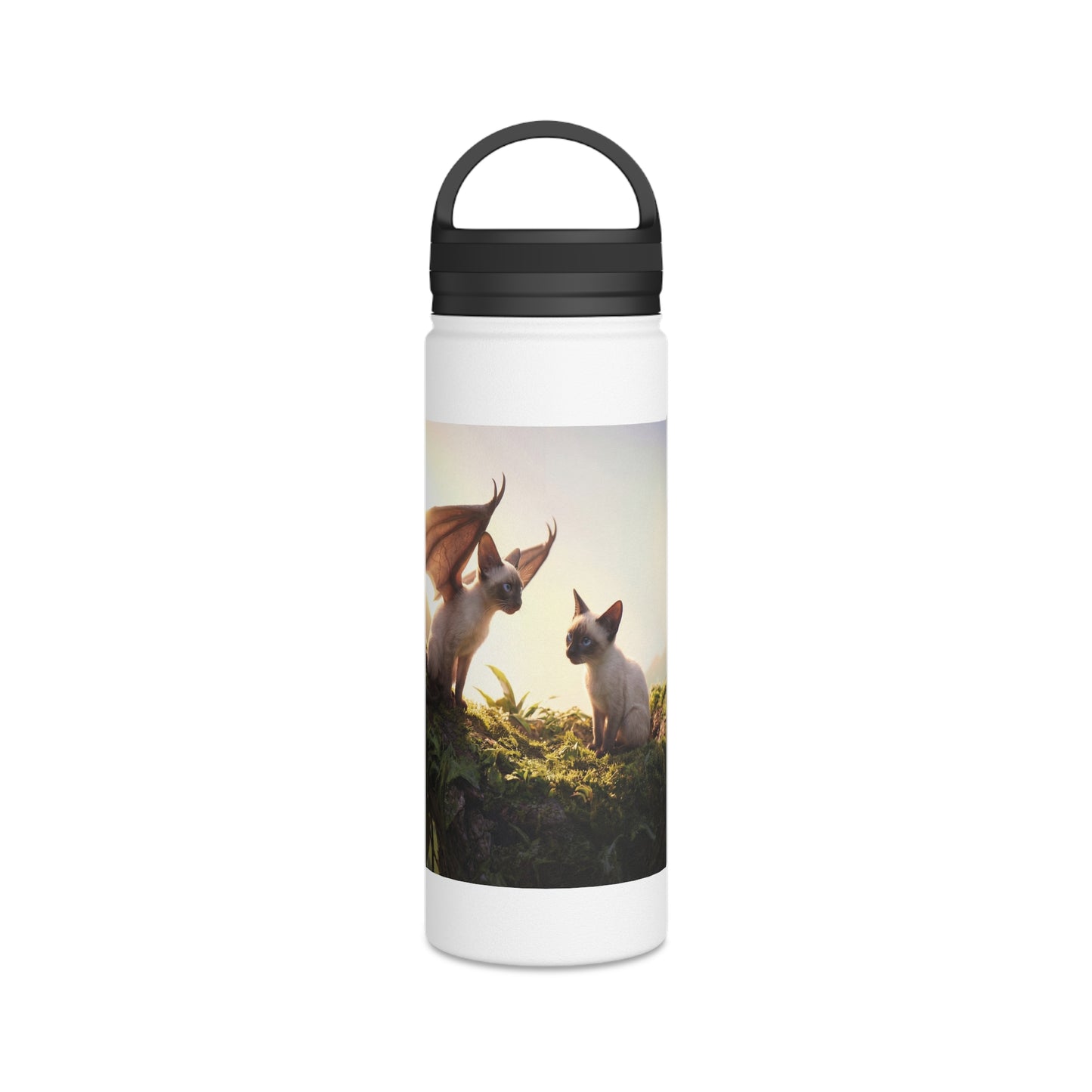 Winged Siamese Kittens Stainless Steel Water Bottle, Handle Lid – Morning Light in the Ancient Grove