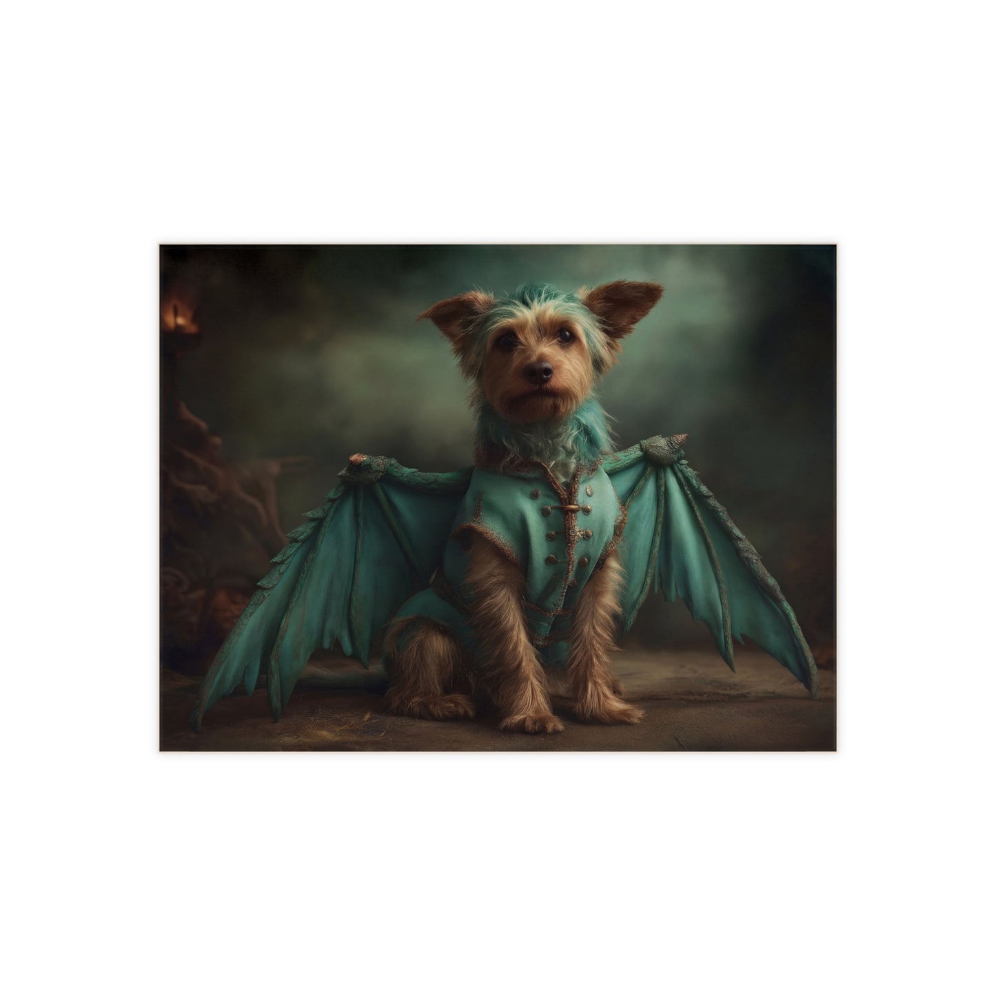 Dragon-Dressed Yorkshire Terrier Ceramic Photo Tile – Emerald Winged Guardian