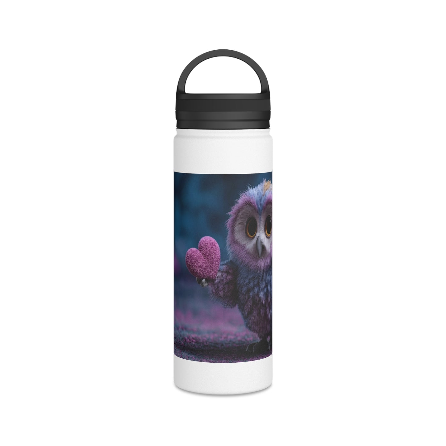 Velvet Owl With Heart Stainless Steel Water Bottle, Handle Lid – Midnight Whimsy Companion