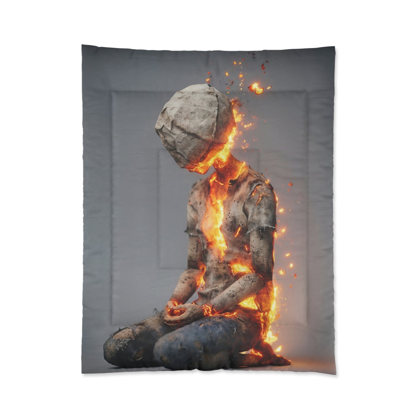 Fiery Rebirth Comforter – Crumpled Paper Figure in Flame Meditation