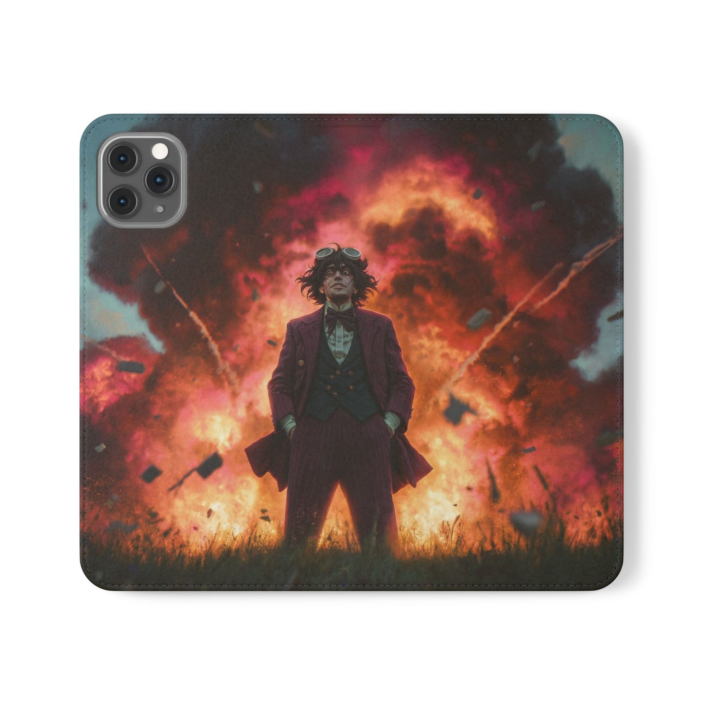 Goggles & Chaos Flip Cases – Purple Suit Amidst Fiery Explosion