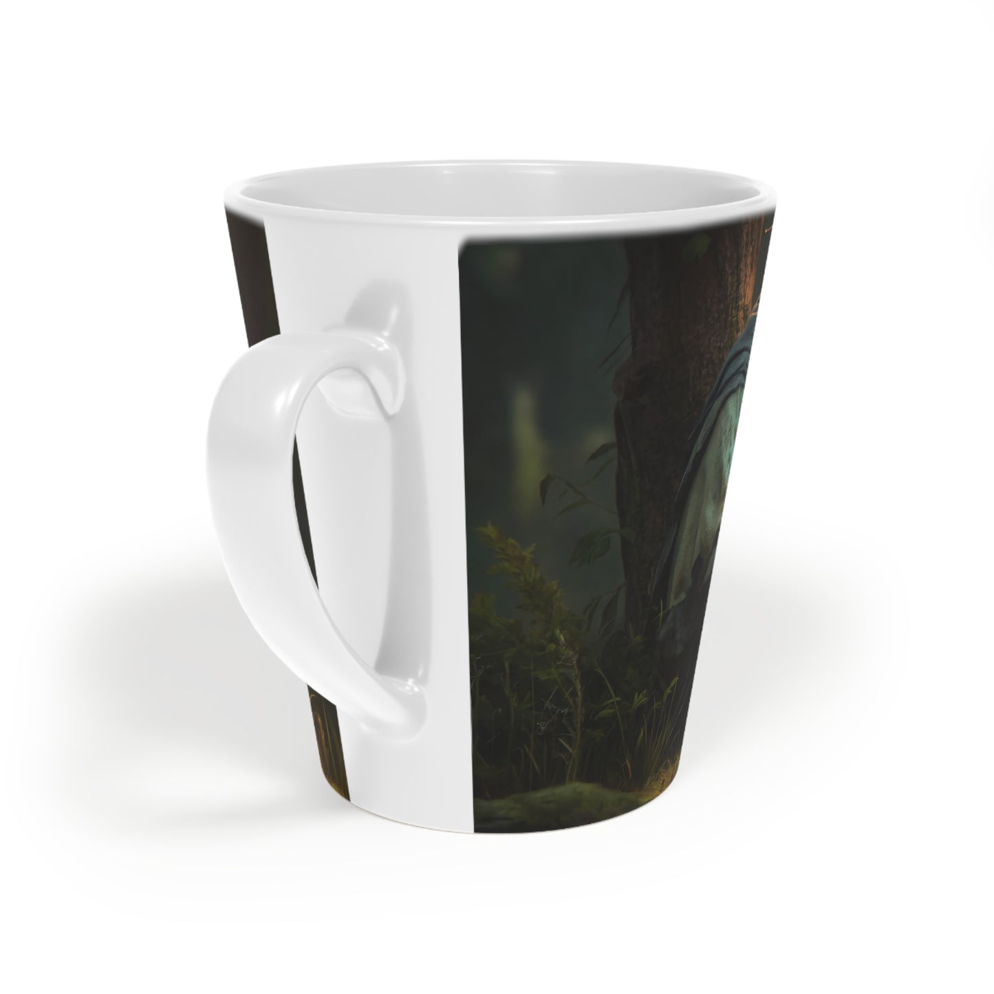 Forest Sentinel Latte Mug, 12oz – Bioluminescent Guardian in Twilight Grove