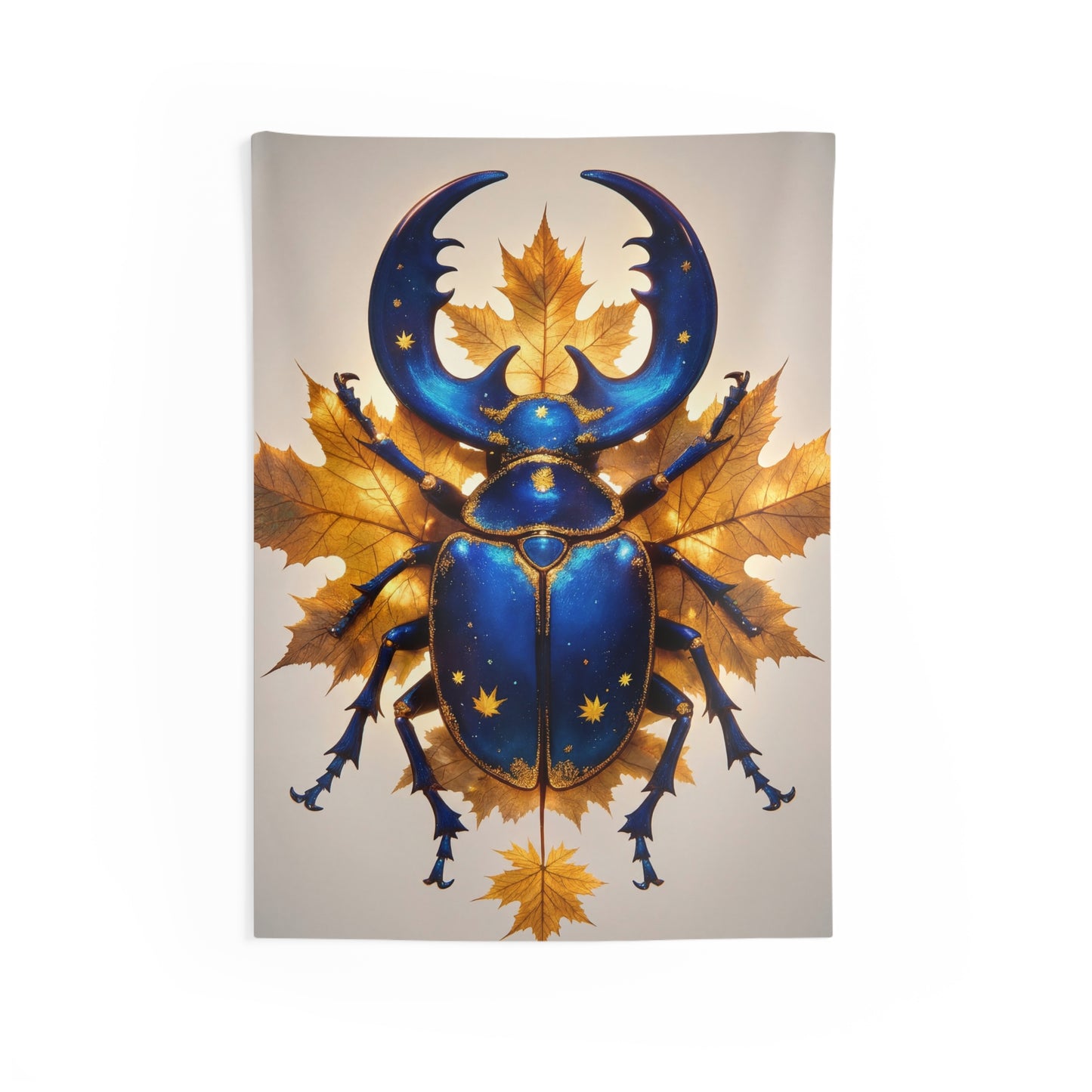Celestial Beetle Indoor Wall Tapestries – Starry Blue Guardian Among Autumn Leaves