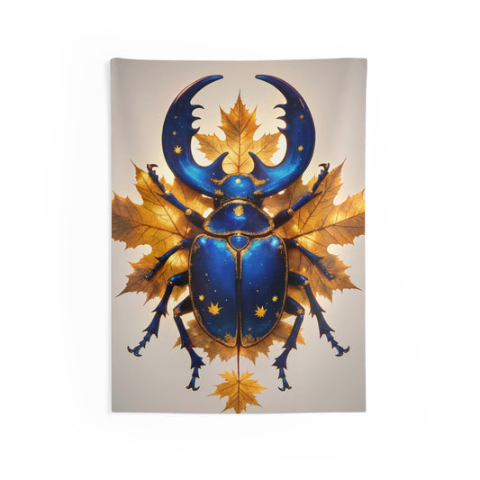 Celestial Beetle Indoor Wall Tapestries – Starry Blue Guardian Among Autumn Leaves