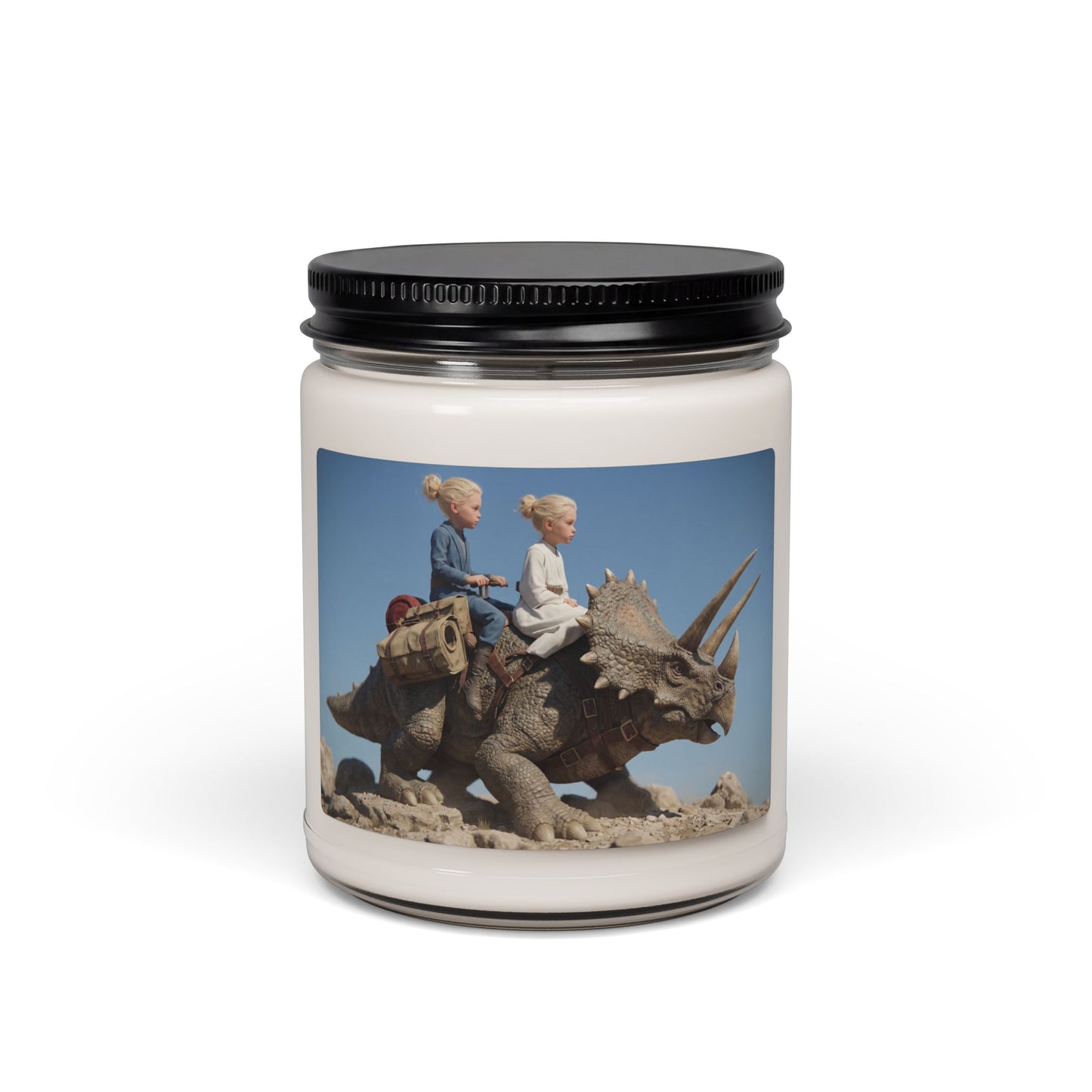 Twin Adventurers on Triceratops Scented Soy Candle, 9oz – Dusty Desert Odyssey