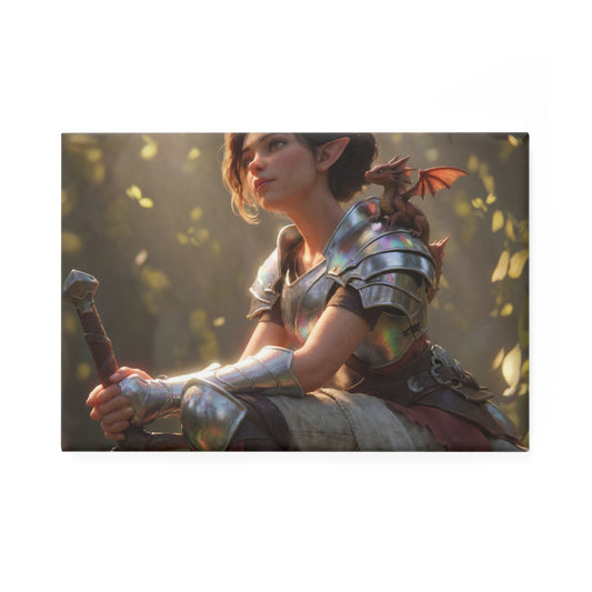 Elven Paladin with Dragon Button Magnet – Iridescent Armor & Tiny Guardian Art Print