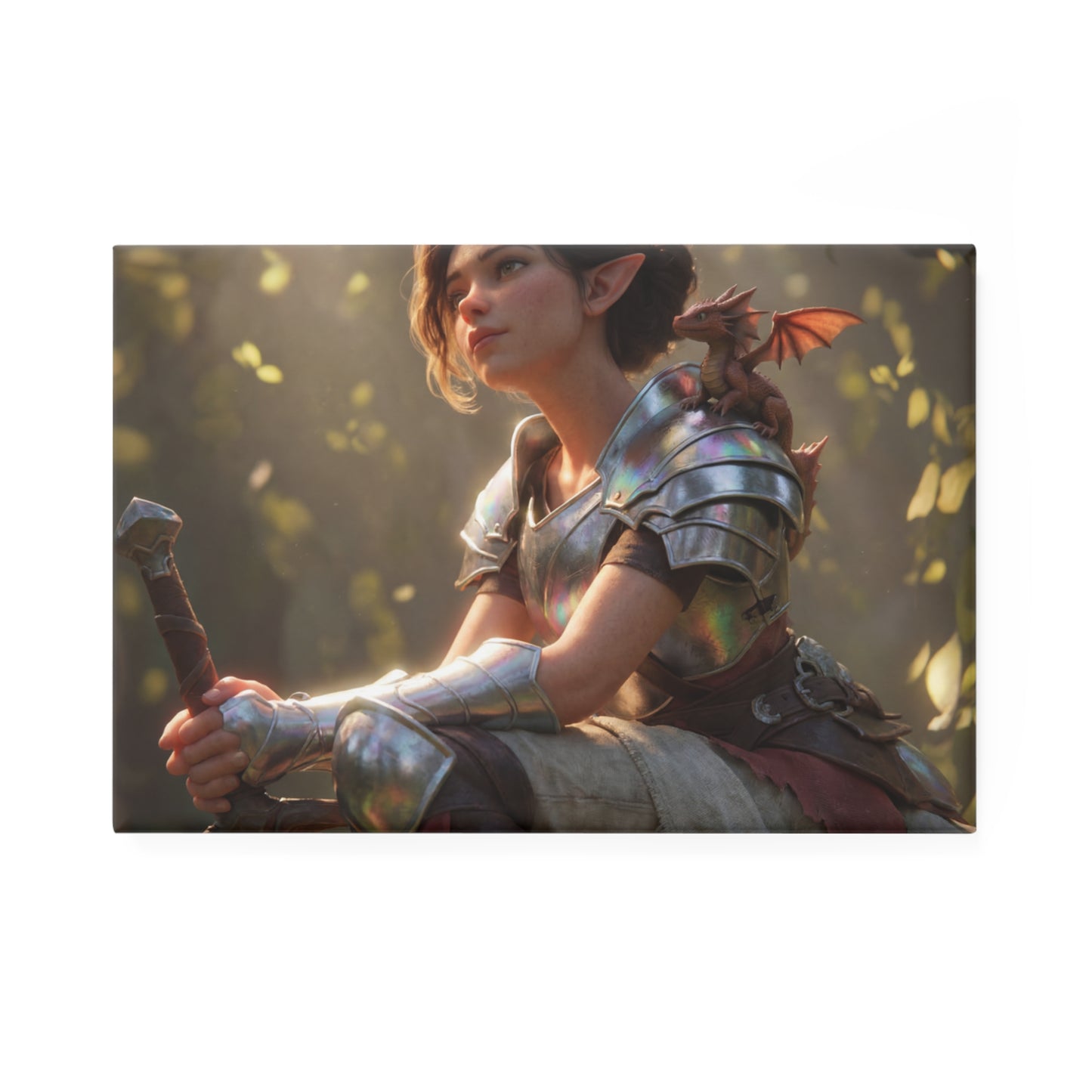 Elven Paladin with Dragon Button Magnet – Iridescent Armor & Tiny Guardian Art Print