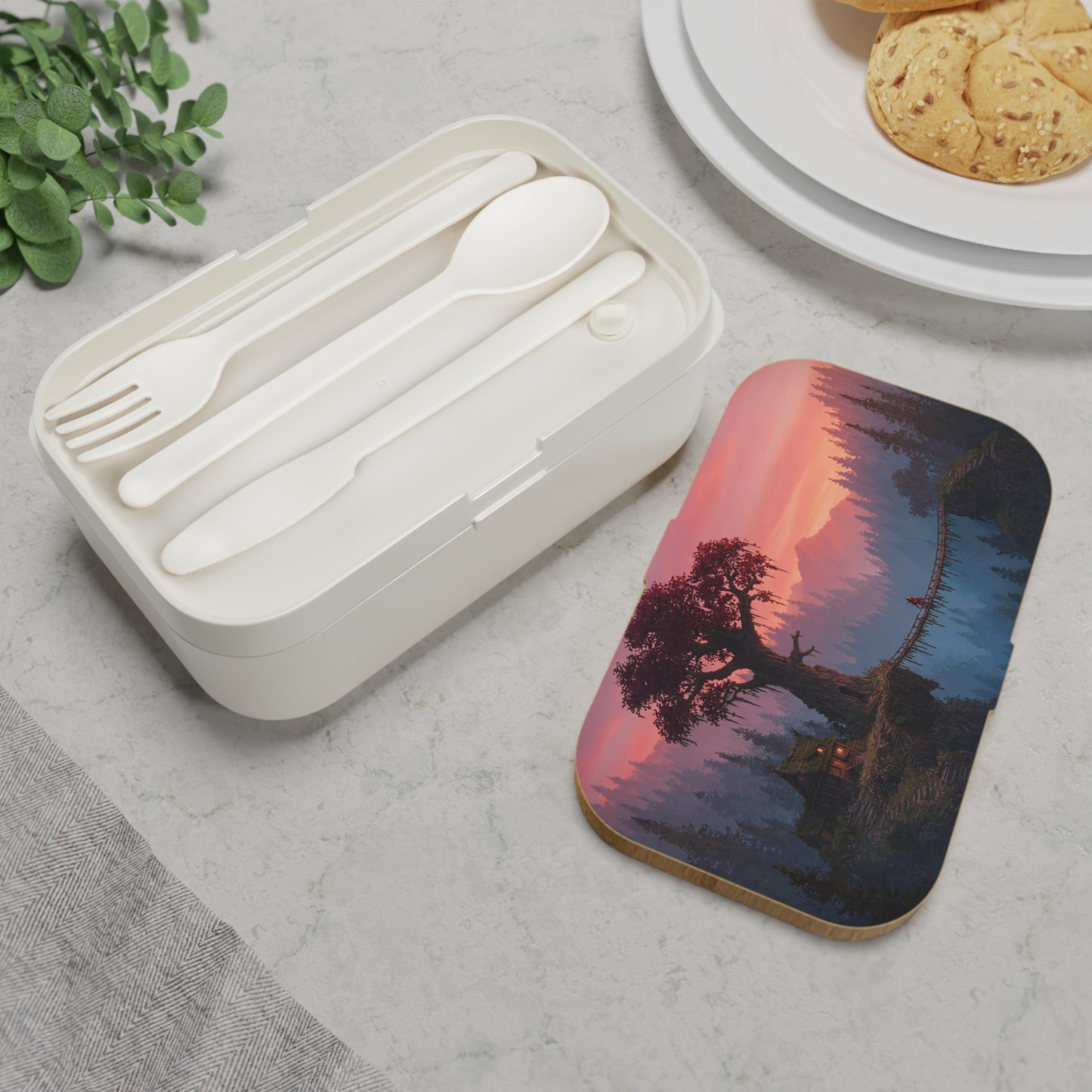Crimson Sentinel Bento Lunch Box – Sunset Sanctuary Over the Misty Chasm