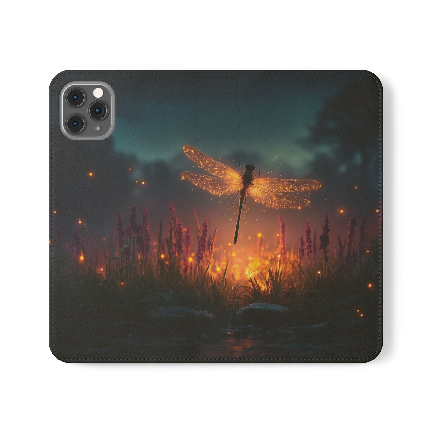 Bioluminescent Dragonfly Flip Cases – Glowing Amber Wings Over Twilight Marsh