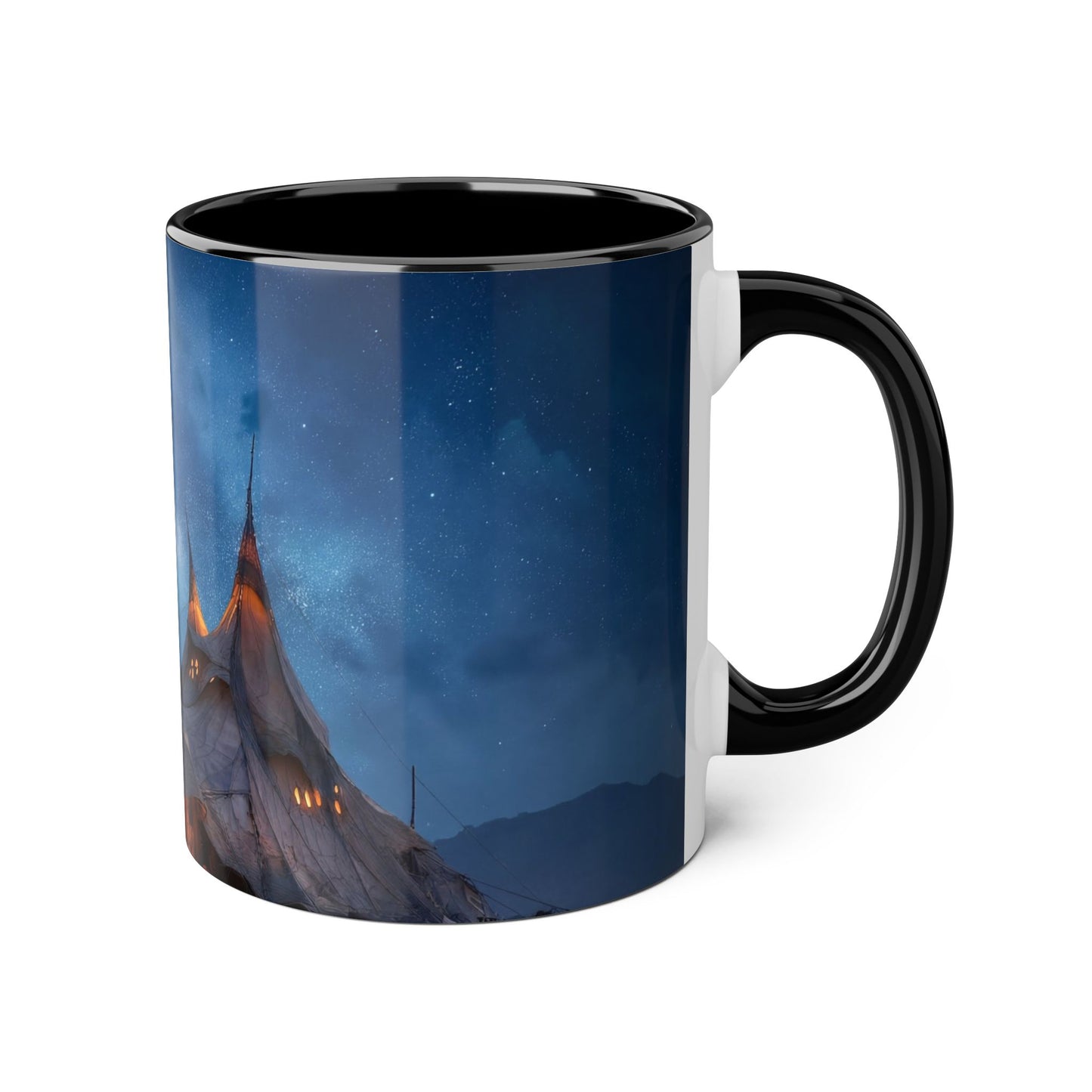 Starlit Nomad Tent Accent Mugs, 11oz – Golden Spire Camp Under Milky Way