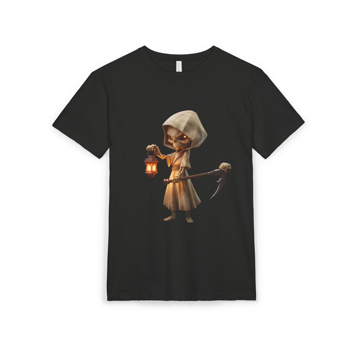 Lantern-Bearing Skeleton Sentinel Unisex Sueded T-Shirt – Gentle Guardian with Skull-Top Scythe and Warm Glow