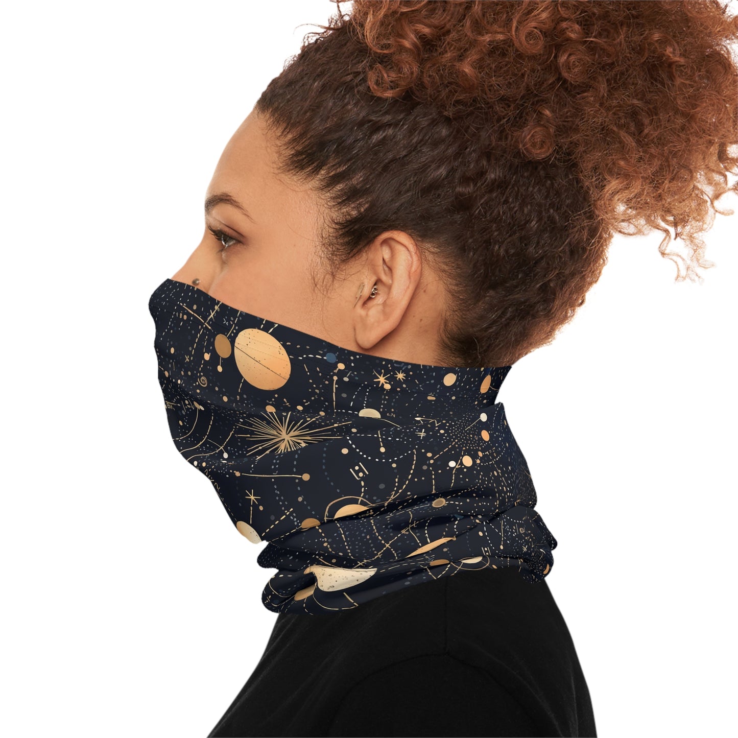 "A detailed star map pattern with constellations interconnected by delicate lines, using a color palette of deep indigo, midnight blue, and accents of silver and gold." - Lightweight Neck Gaiter