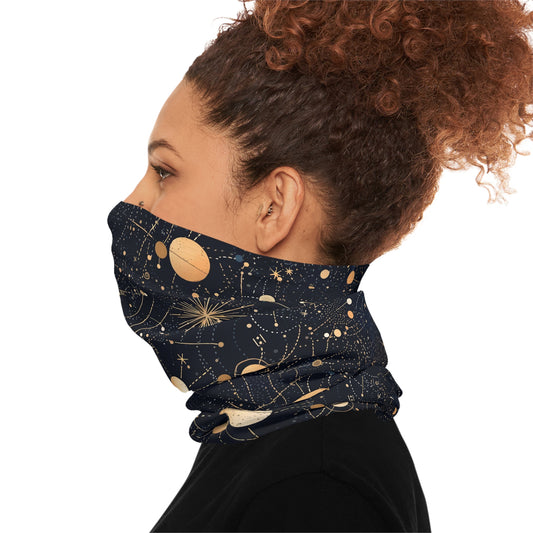 "A detailed star map pattern with constellations interconnected by delicate lines, using a color palette of deep indigo, midnight blue, and accents of silver and gold." - Lightweight Neck Gaiter