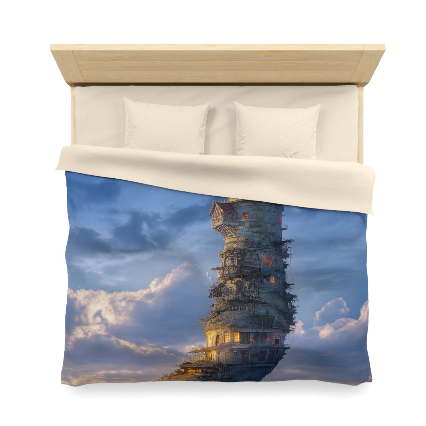 Skyward Lighthouse Microfiber Duvet Cover – A Beacon Through Twilight Clouds